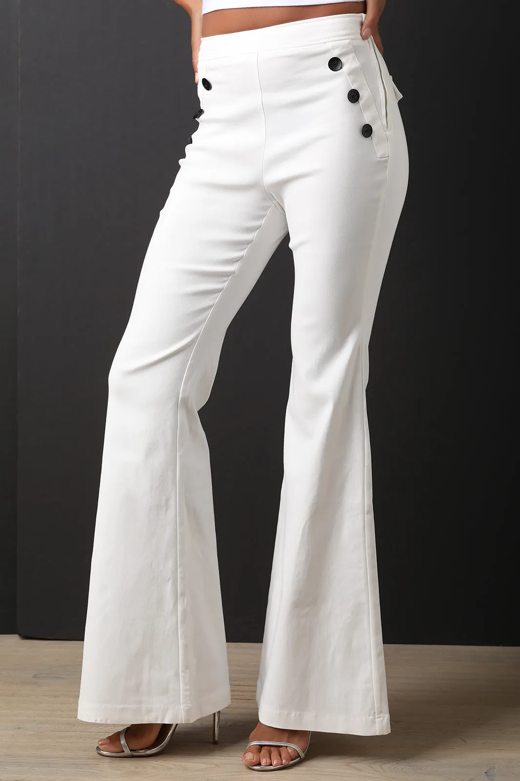 Button Accent High Waisted Flared Pants