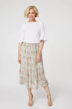 Floral High Waist Pleated Midi Skirt