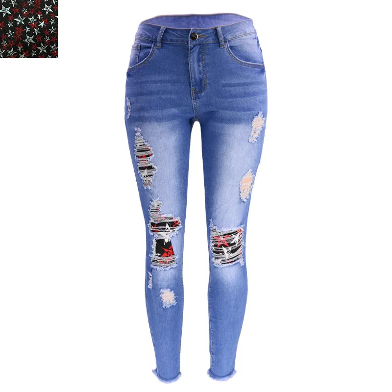 High Waisted Stretchy Painted Denim Pencil Calf Pants Wholesale Womens Clothing