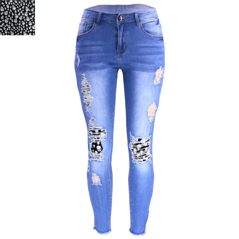 High Waisted Stretchy Painted Denim Pencil Calf Pants Wholesale Womens Clothing