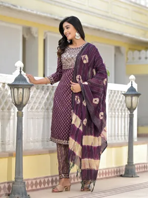 Juniper Wine Ethnic Motif Printed Cotton Kurta, Pant And Dupatta Set With Zari Work & Sequins