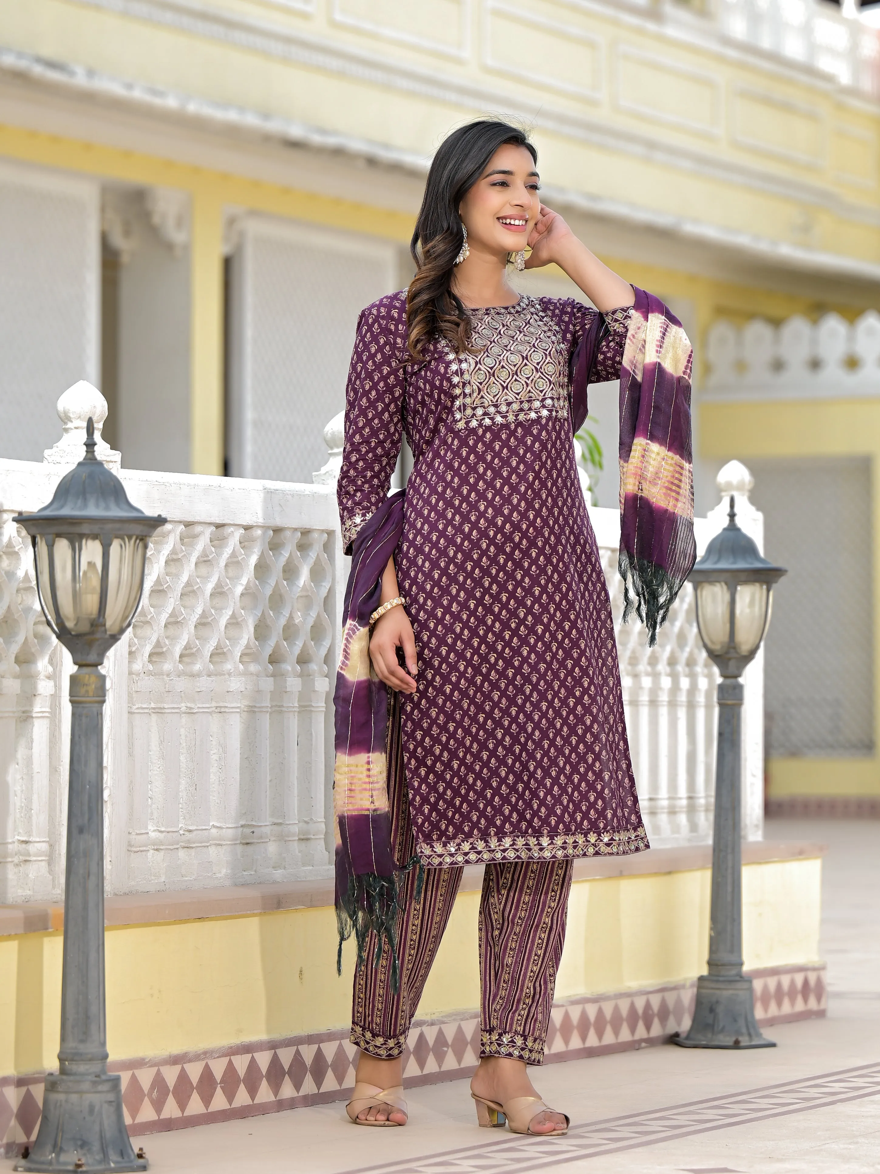 Juniper Wine Ethnic Motif Printed Cotton Kurta, Pant And Dupatta Set With Zari Work & Sequins