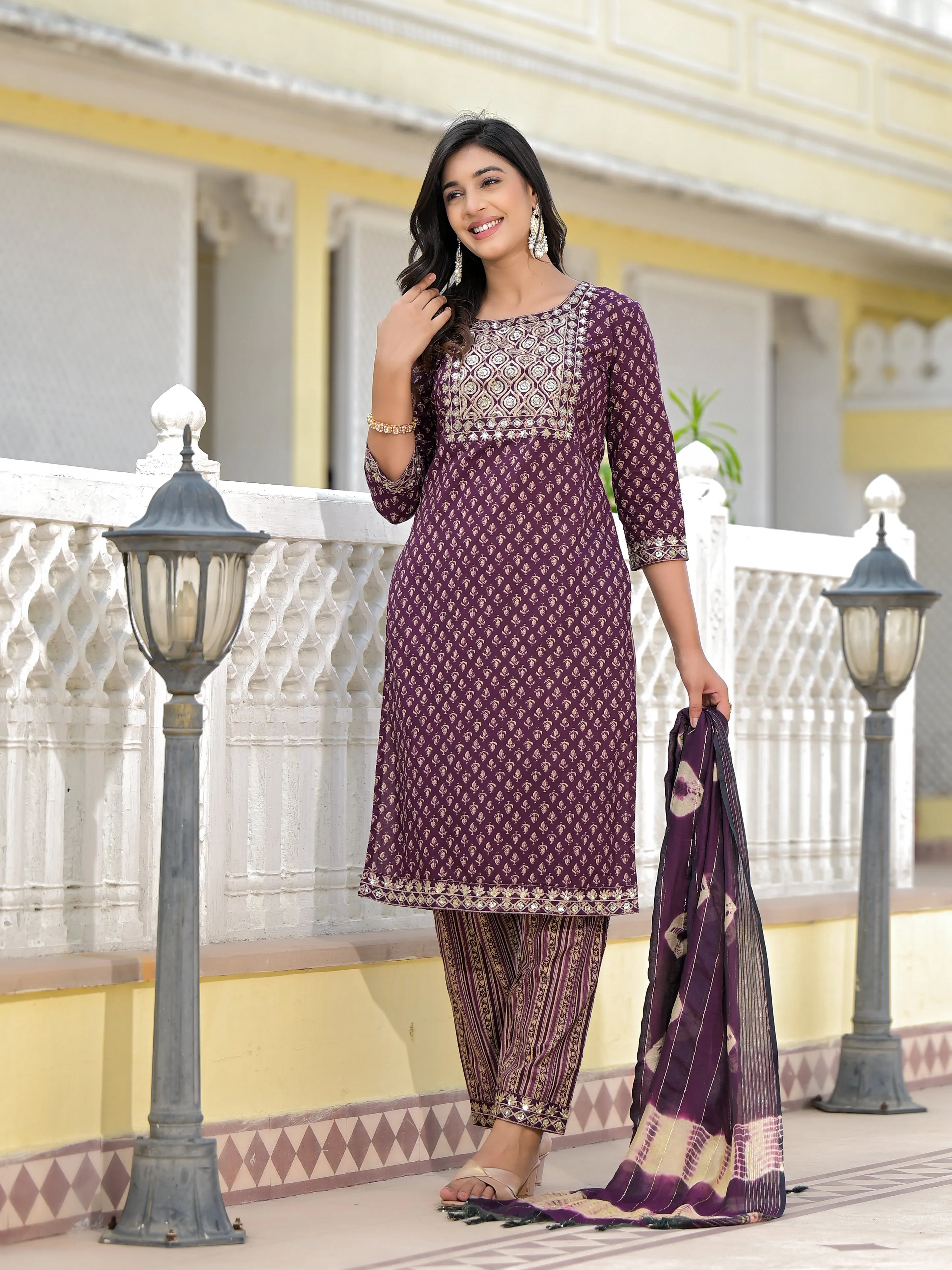 Juniper Wine Ethnic Motif Printed Cotton Kurta, Pant And Dupatta Set With Zari Work & Sequins