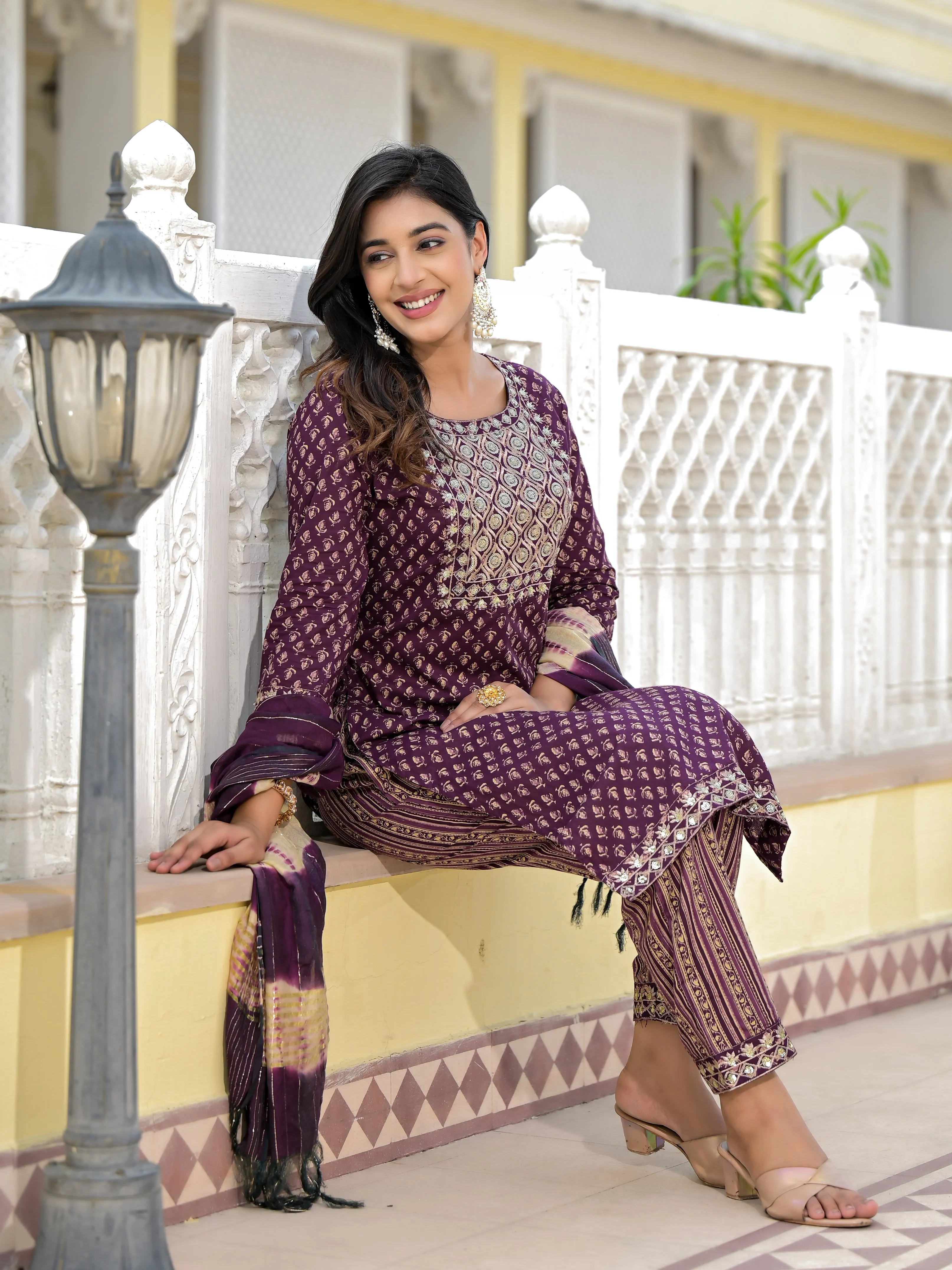 Juniper Wine Ethnic Motif Printed Cotton Kurta, Pant And Dupatta Set With Zari Work & Sequins