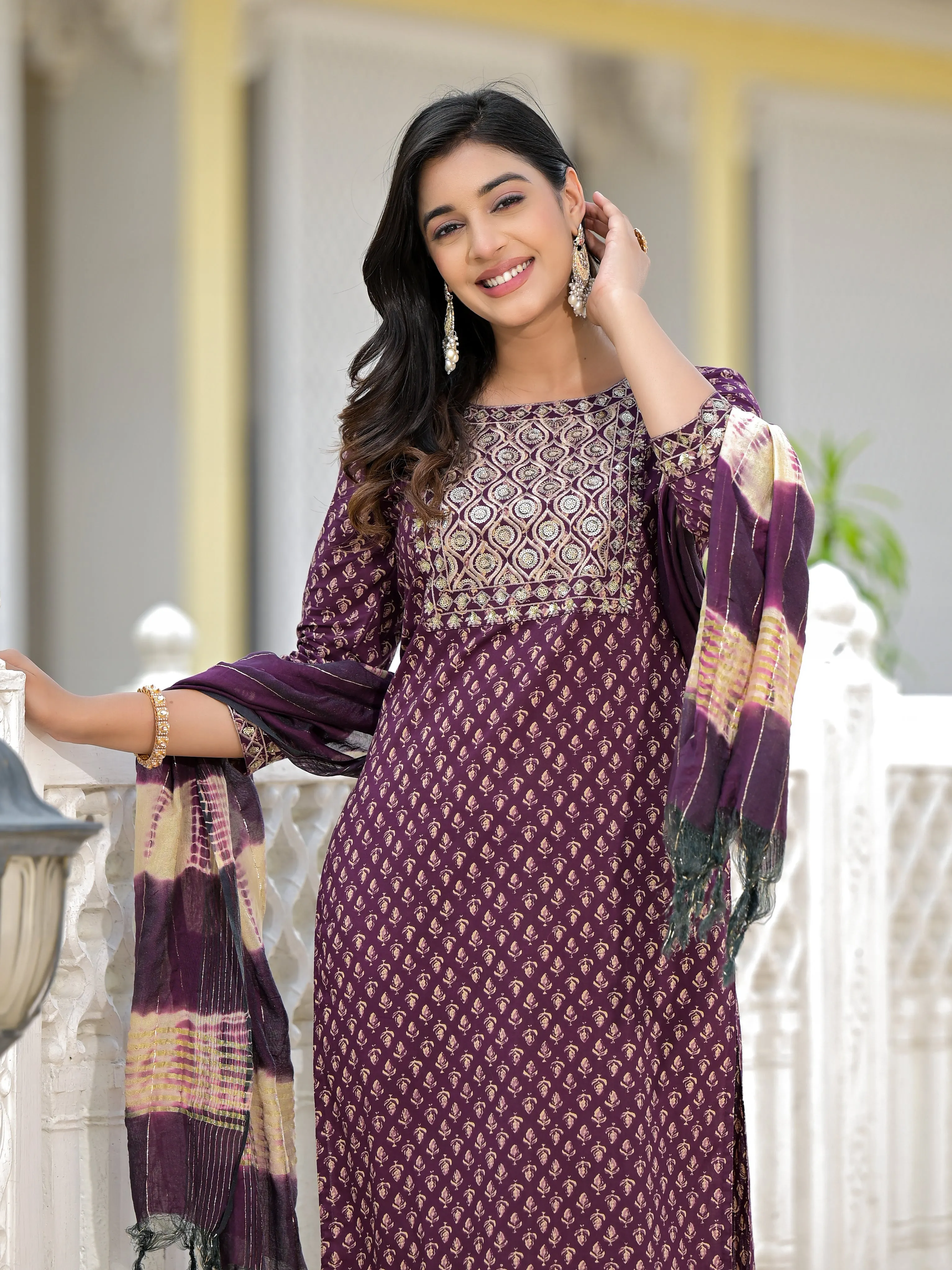 Juniper Wine Ethnic Motif Printed Cotton Kurta, Pant And Dupatta Set With Zari Work & Sequins