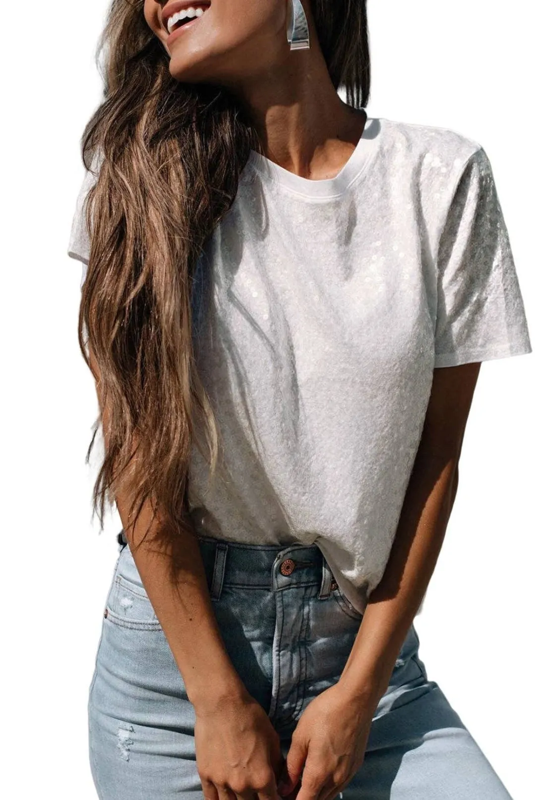 Summer Moon white sequin casual tee