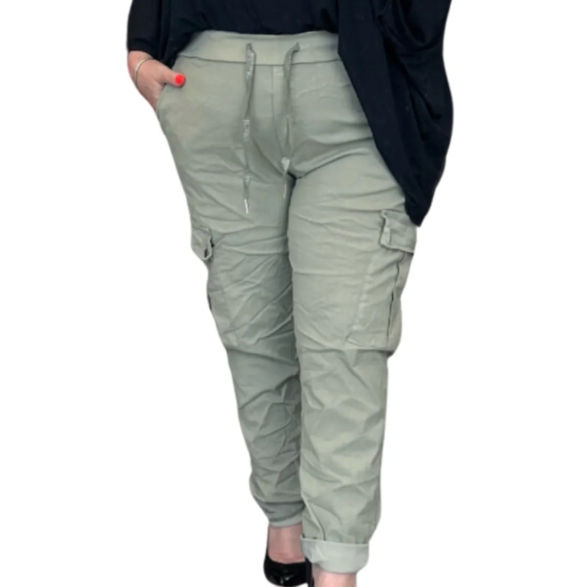 SUPER STRETCHY HIGH RISE ELASTIC WAIST CARGO TROUSERS