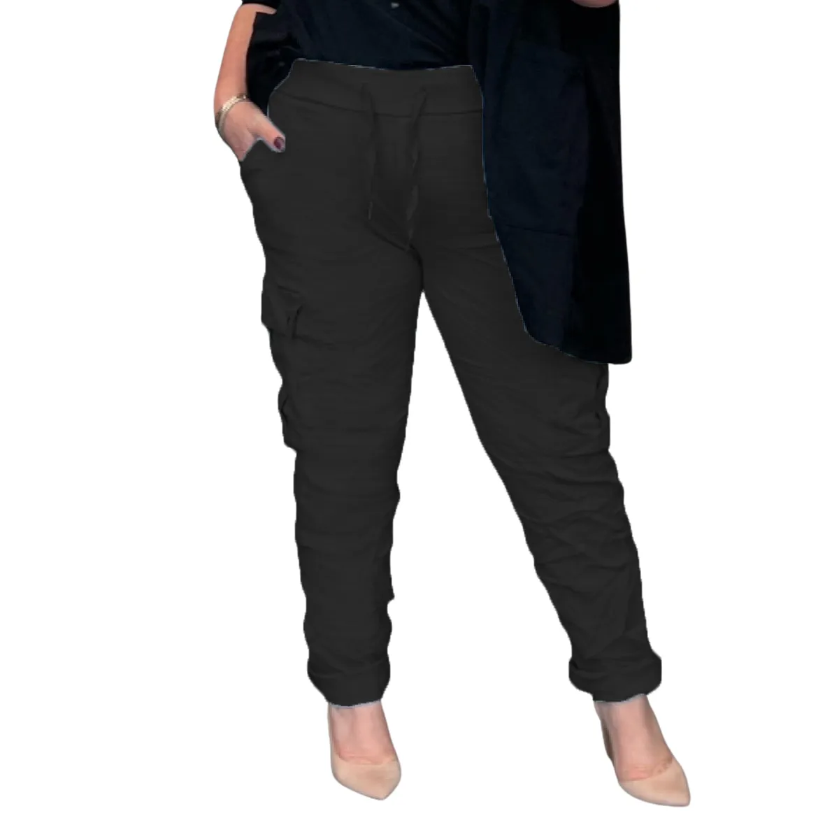 SUPER STRETCHY HIGH RISE ELASTIC WAIST CARGO TROUSERS