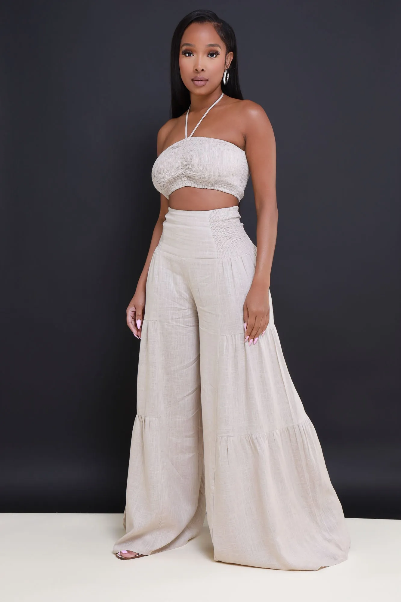 Surrender Cropped Wide Leg Pants Set - Beige