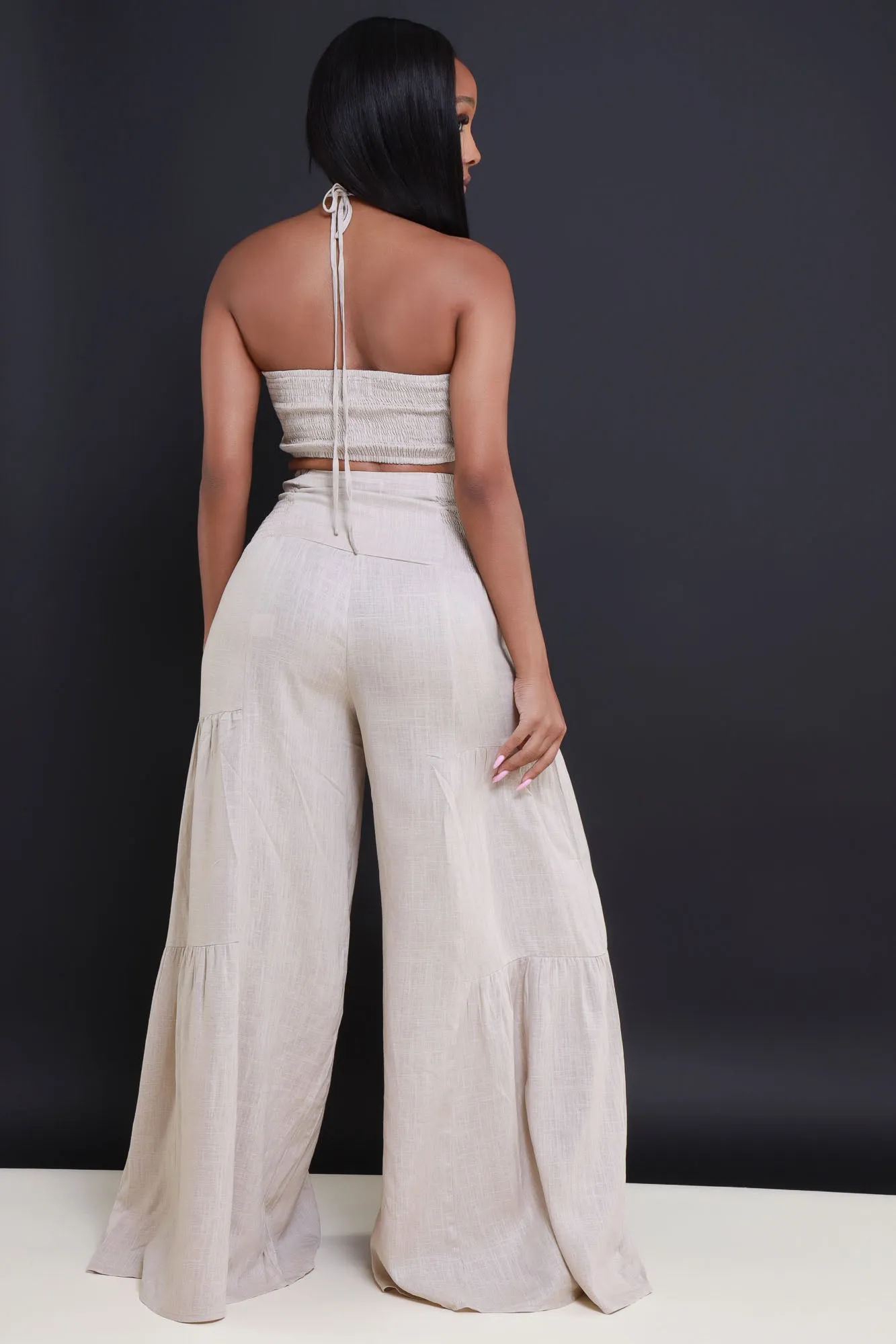 Surrender Cropped Wide Leg Pants Set - Beige