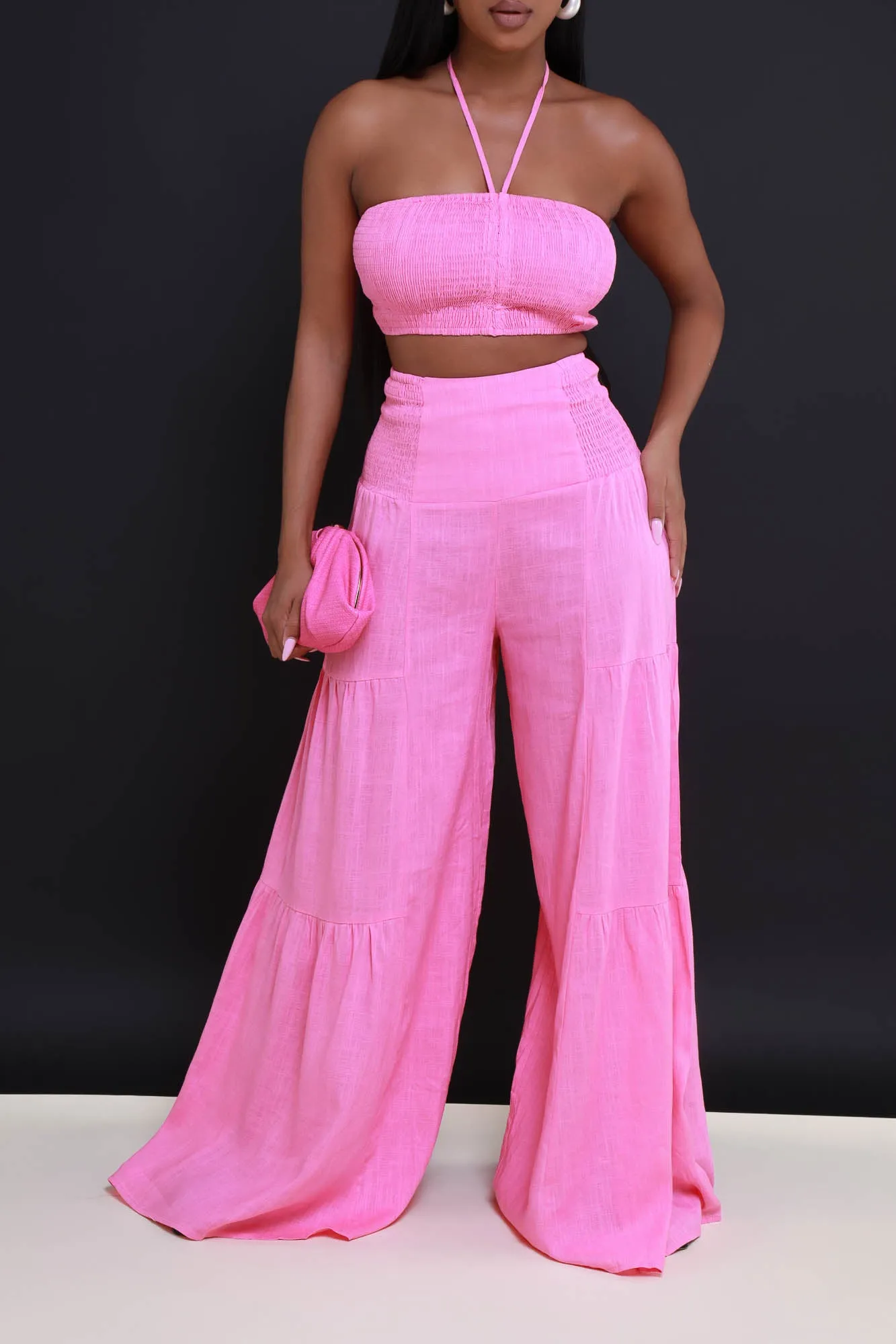 Surrender Cropped Wide Leg Pants Set - Candy Pink