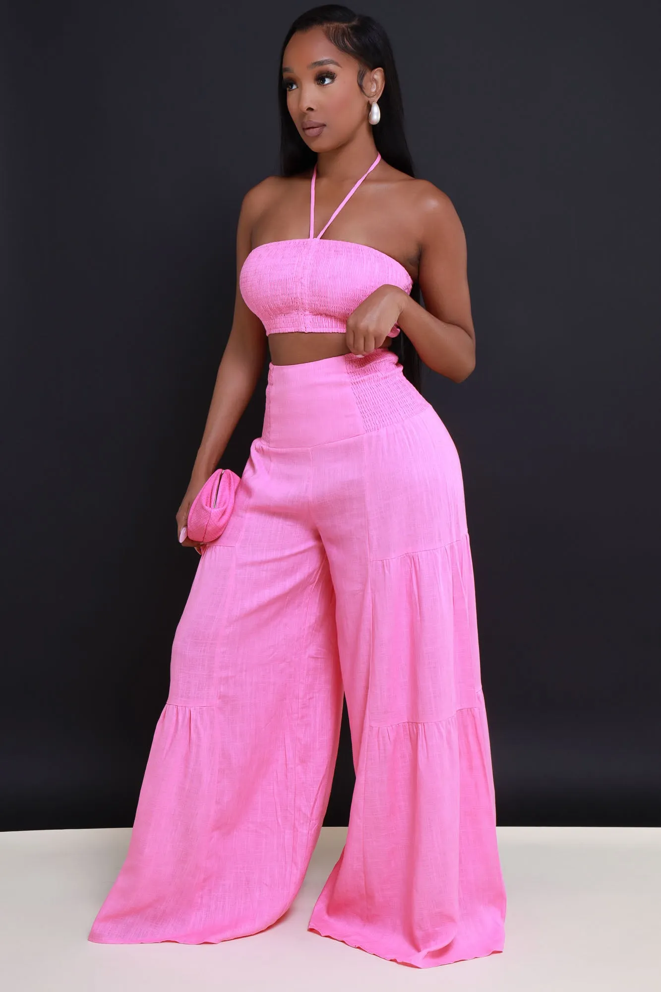 Surrender Cropped Wide Leg Pants Set - Candy Pink