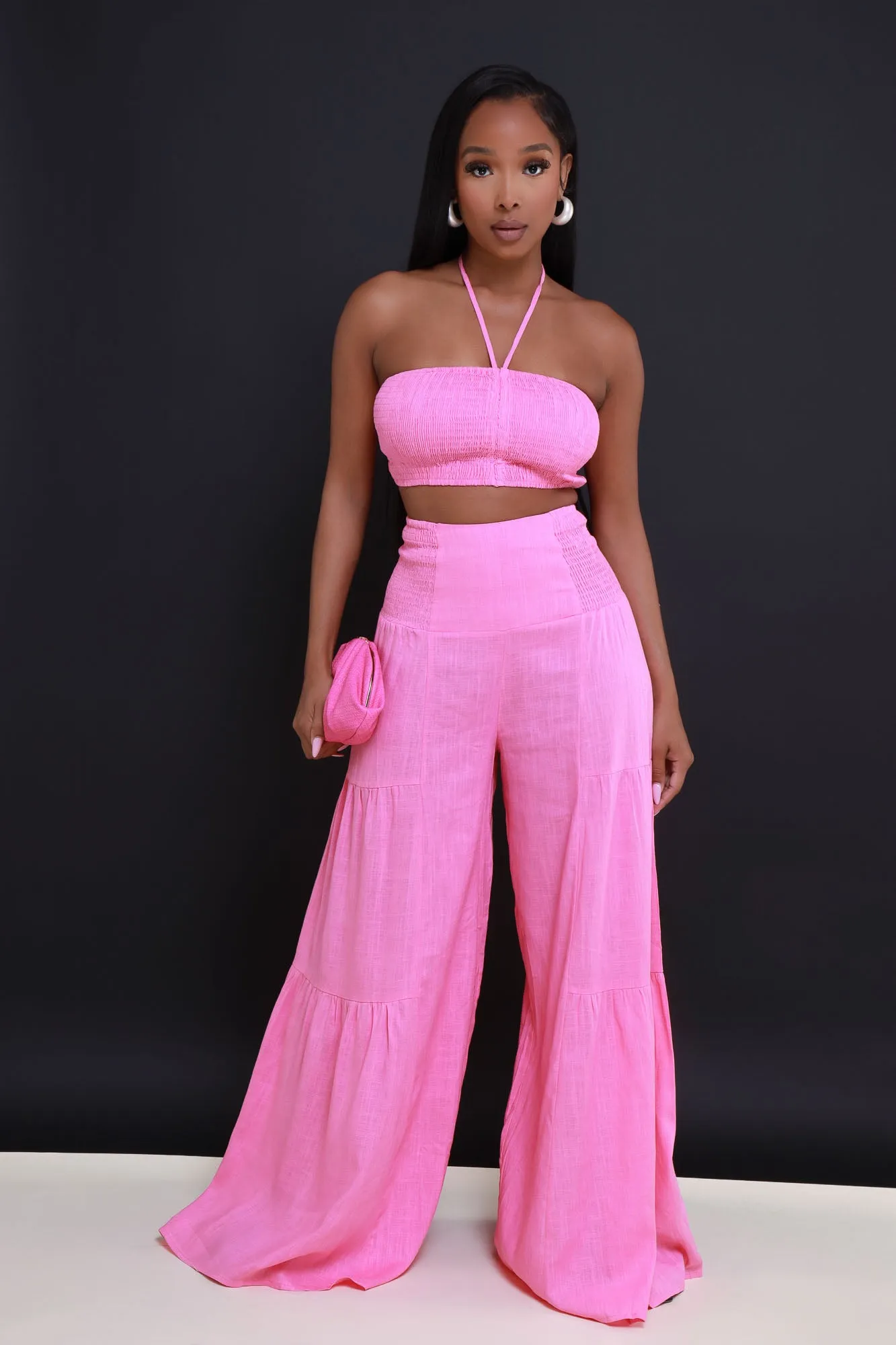 Surrender Cropped Wide Leg Pants Set - Candy Pink