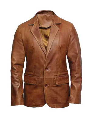 Tan Brown Casual Leather Blazer