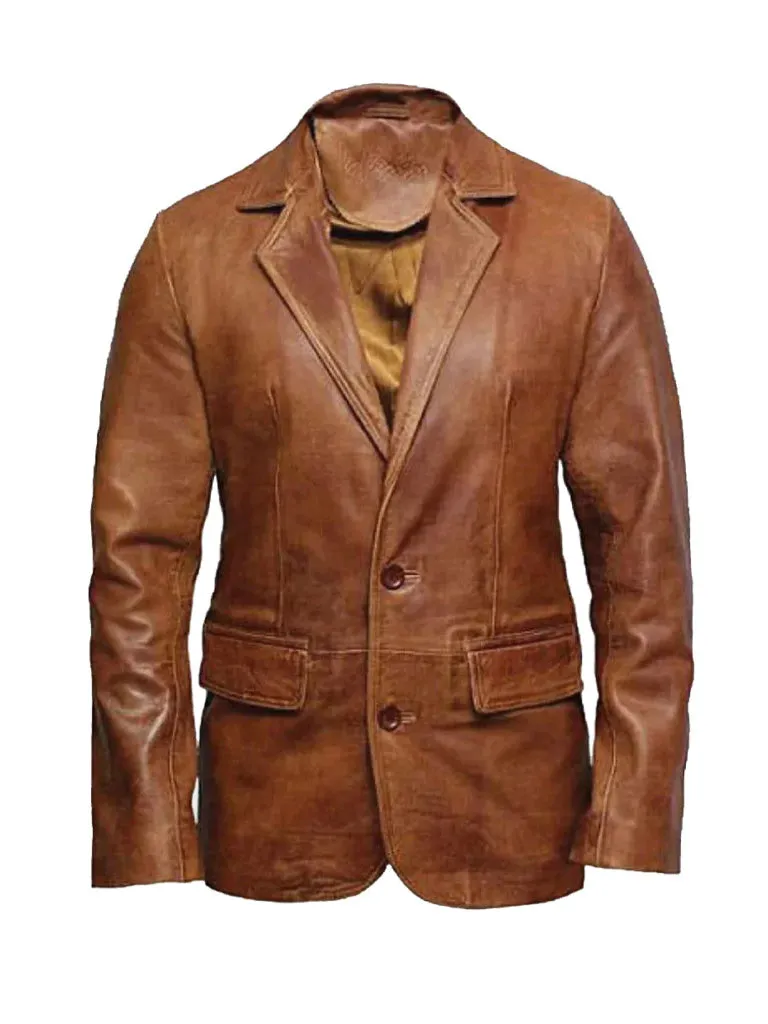 Tan Brown Casual Leather Blazer