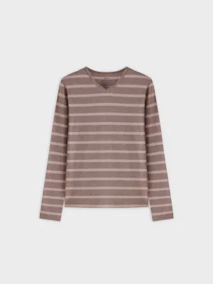 Thin Stripe High V Tee-Heathered Tan/Pink