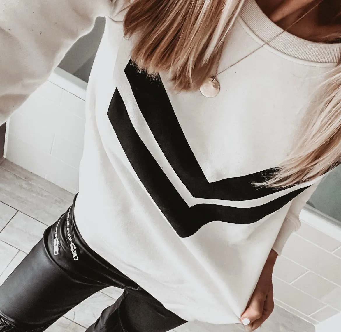 Vintage white sweatshirt with double black chevrons *relaxed style*